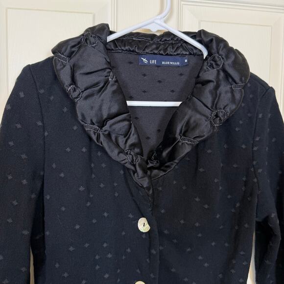 Blue Willi’s Ruffle Collar Cardigan 100% Cotton Polka Dot Knit Size M Artsy Fun - Picture 2 of 7